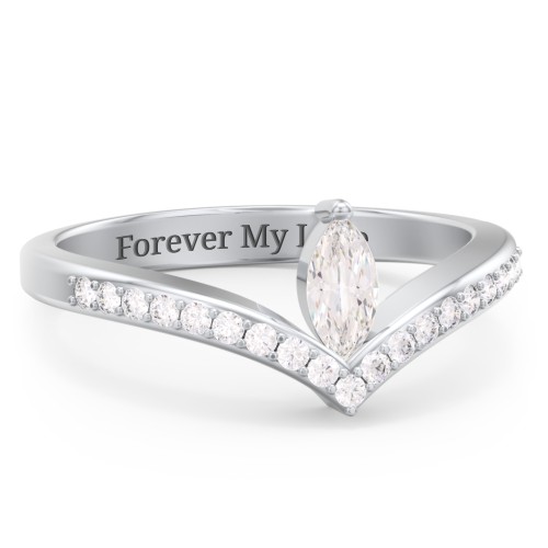 Marquise Birthstone V-Shape Ring With Accents – Sterling Silver with Cubic Zirconia and White Premium Zirconia