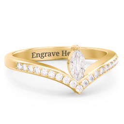 Marquise Birthstone V-Shape Ring With Accents in 18K Gold Plated Silver with Cubic Zirconia and White Premium Zirconia