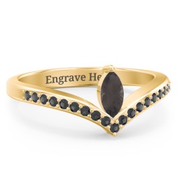 Marquise Birthstone V-Shape Ring With Accents in 18K Gold Plated Silver with Smokey Quartz and Black Premium Zirconia