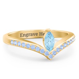 Marquise Birthstone V-Shape Ring With Accents in 18K Gold Plated Silver with Blue Topaz and Fancy Blue Premium Zirconia