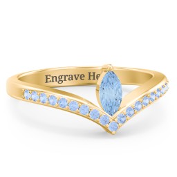 Marquise Birthstone V-Shape Ring With Accents in 18K Gold Plated Silver with Blue Topaz and Fancy Blue Premium Zirconia