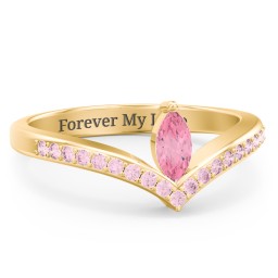 Marquise Birthstone V-Shape Ring With Accents in 18K Gold Plated Silver with Pink Tourmaline and Fancy Pink Premium Zirconia