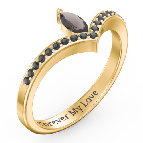 Marquise Birthstone V-Shape Ring With Accents – 18K Gold Plated Silver with Smokey Quartz and Black Premium Zirconia