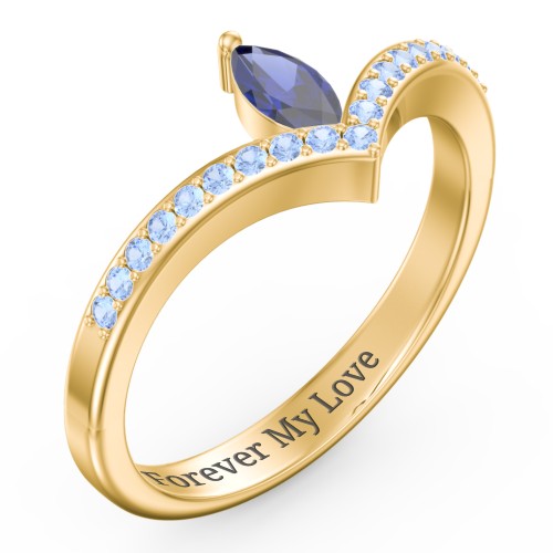 Marquise Birthstone V-Shape Ring With Accents – 18K Gold Plated Silver with Blue Sapphire and Fancy Blue Premium Zirconia