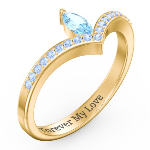 Marquise Birthstone V-Shape Ring With Accents – 18K Gold Plated Silver with Blue Topaz and Fancy Blue Premium Zirconia
