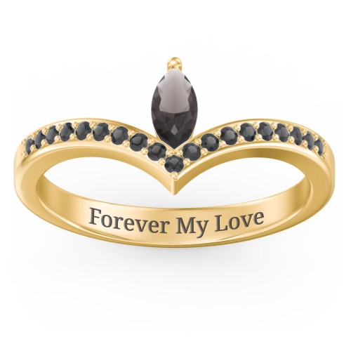 Marquise Birthstone V-Shape Ring With Accents – 18K Gold Plated Silver with Smokey Quartz and Black Premium Zirconia