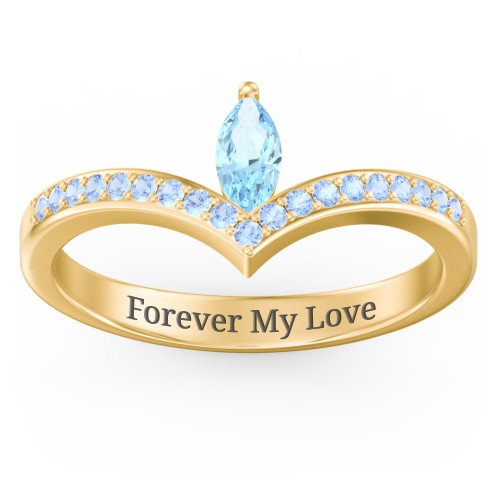 Marquise Birthstone V-Shape Ring With Accents – 18K Gold Plated Silver with Blue Topaz and Fancy Blue Premium Zirconia