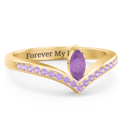 Marquise Birthstone V-Shape Ring With Accents – 18K Gold Plated Silver with Amethyst and Amethyst Premium Zirconia
