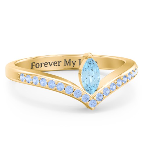 Marquise Birthstone V-Shape Ring With Accents – 18K Gold Plated Silver with Blue Topaz and Fancy Blue Premium Zirconia