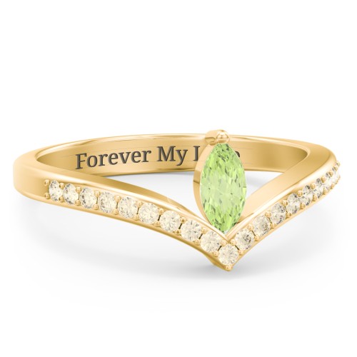 Marquise Birthstone V-Shape Ring With Accents – 18K Gold Plated Silver with Peridot and Fancy Yellow Premium Zirconia