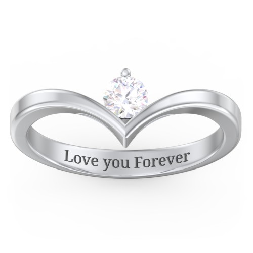 Round Birthstone V-Shape Ring – Sterling Silver with White Sapphire