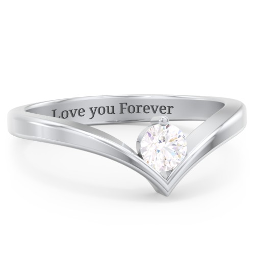 Round Birthstone V-Shape Ring – Sterling Silver with White Sapphire