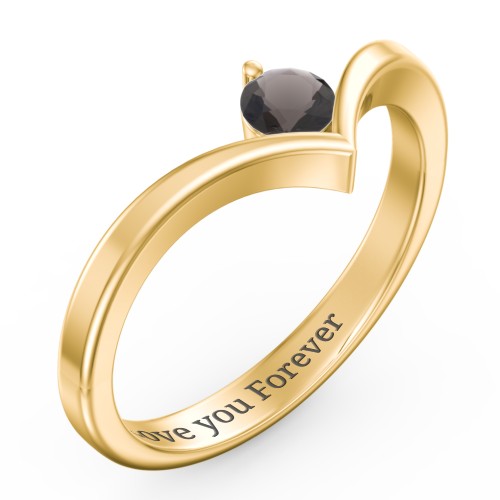 Round Birthstone V-Shape Ring – 18K Gold Plated Silver with Smokey Quartz