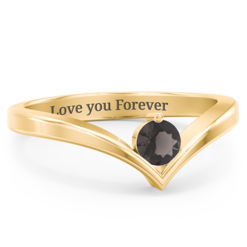 Round Birthstone V-Shape Ring – 18K Gold Plated Silver with Smokey Quartz