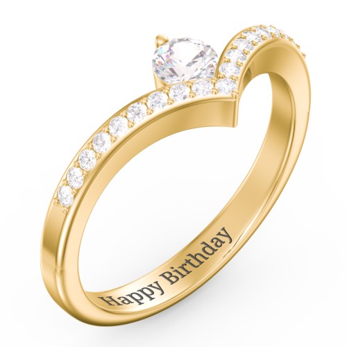 Round Birthstone V-Shape Ring With Accents – 18K Gold Plated Silver with Cubic Zirconia and White Premium Zirconia