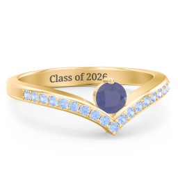 Round Birthstone V-Shape Ring With Accents in 18K Gold Plated Silver with Blue Sapphire and Fancy Blue Premium Zirconia