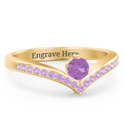 Round Birthstone V-Shape Ring With Accents in 18K Gold Plated Silver with Amethyst and Amethyst Premium Zirconia