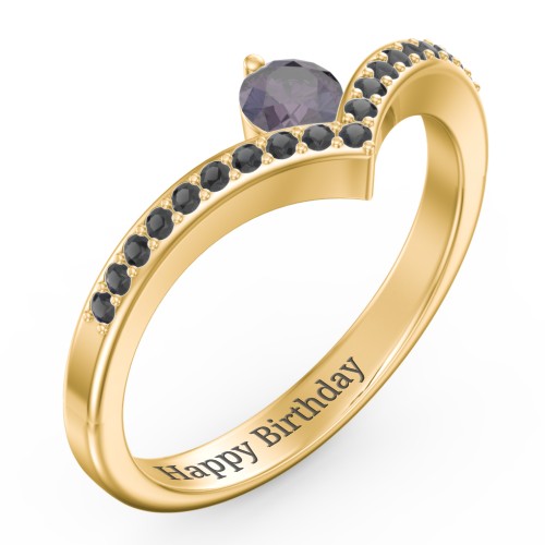 Round Birthstone V-Shape Ring With Accents – 18K Gold Plated Silver with Alexandrite and Black Premium Zirconia
