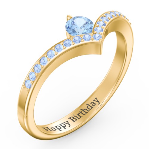 Round Birthstone V-Shape Ring With Accents – 18K Gold Plated Silver with Blue Topaz and Fancy Blue Premium Zirconia