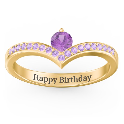 Round Birthstone V-Shape Ring With Accents – 18K Gold Plated Silver with Amethyst and Amethyst Premium Zirconia