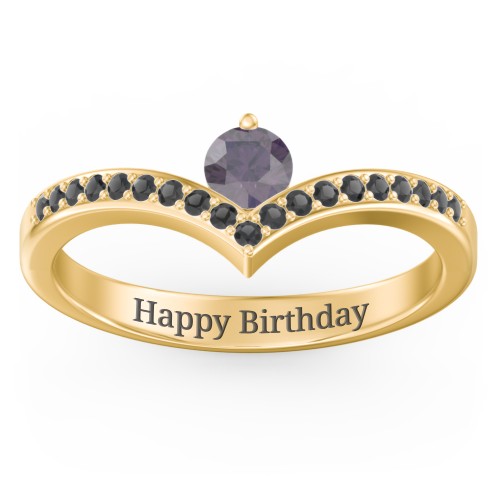 Round Birthstone V-Shape Ring With Accents – 18K Gold Plated Silver with Alexandrite and Black Premium Zirconia