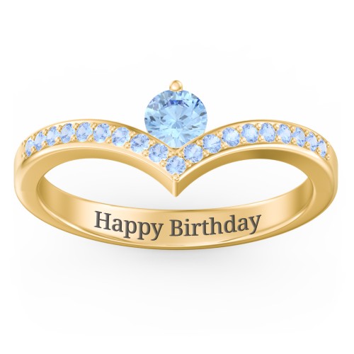 Round Birthstone V-Shape Ring With Accents – 18K Gold Plated Silver with Blue Topaz and Fancy Blue Premium Zirconia