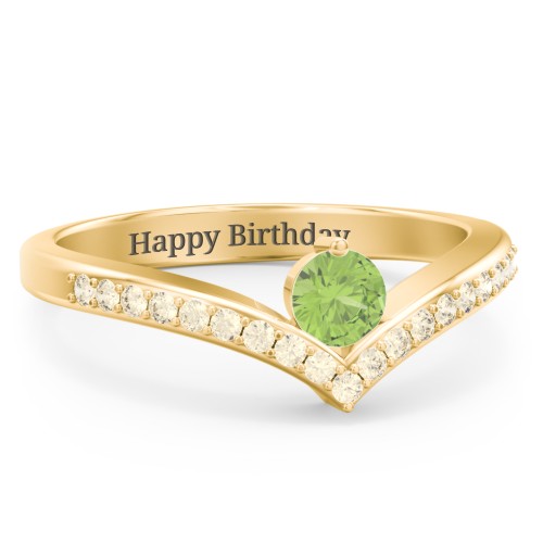 Round Birthstone V-Shape Ring With Accents – 18K Gold Plated Silver with Peridot and Fancy Yellow Premium Zirconia