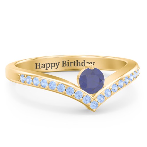 Round Birthstone V-Shape Ring With Accents – 18K Gold Plated Silver with Blue Sapphire and Fancy Blue Premium Zirconia