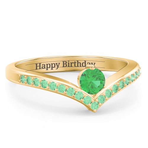 Round Birthstone V-Shape Ring With Accents – 18K Gold Plated Silver with Emerald and Green Premium Zirconia