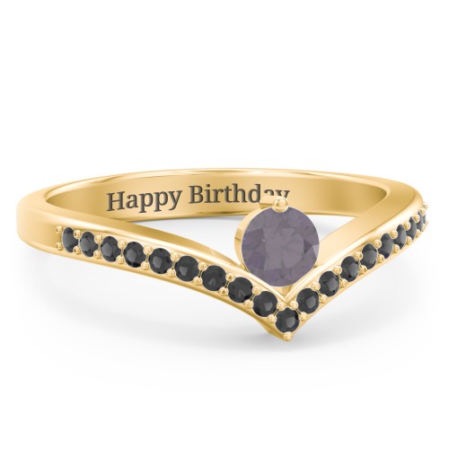 Round Birthstone V-Shape Ring With Accents – 18K Gold Plated Silver with Alexandrite and Black Premium Zirconia