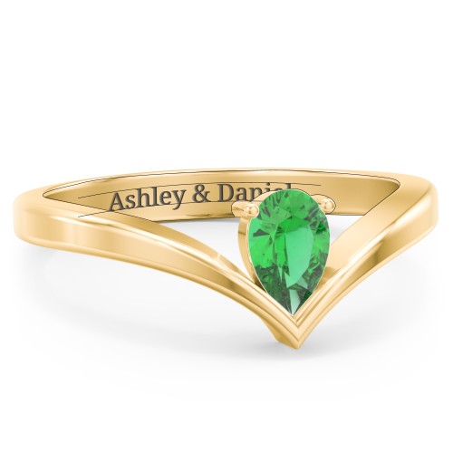 Pear Birthstone V-Shape Ring – 18K Gold Plated Silver with Emerald