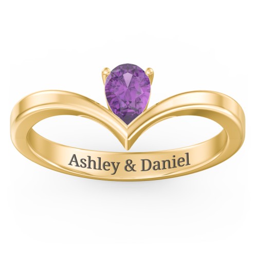 Pear Birthstone V-Shape Ring – 18K Gold Plated Silver with Amethyst