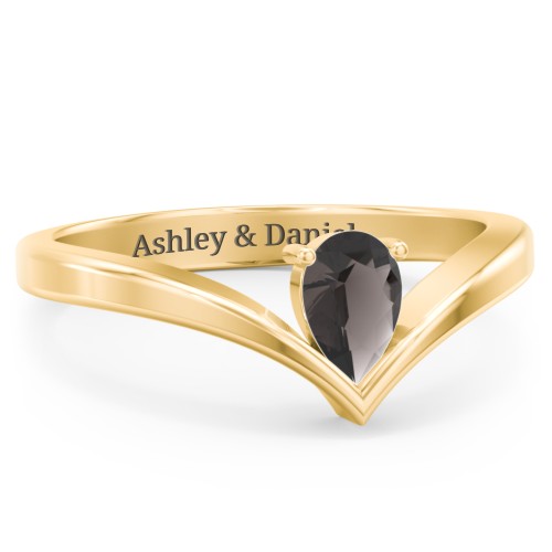 Pear Birthstone V-Shape Ring – 18K Gold Plated Silver with Smokey Quartz