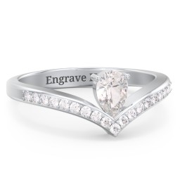 Pear Birthstone V-Shape Ring With Accents in 925 Sterling Silver with Cubic Zirconia and White Premium Zirconia