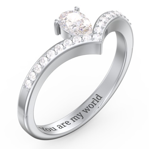 Pear Birthstone V-Shape Ring With Accents – Sterling Silver with Cubic Zirconia and White Premium Zirconia