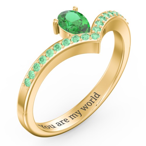 Pear Birthstone V-Shape Ring With Accents – 18K Gold Plated Silver with Emerald and Green Premium Zirconia