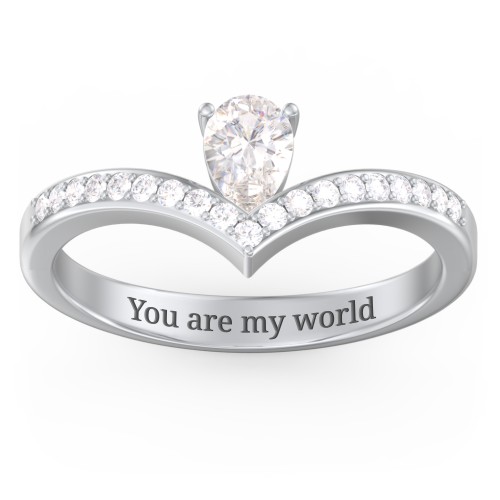 Pear Birthstone V-Shape Ring With Accents – Sterling Silver with Cubic Zirconia and White Premium Zirconia