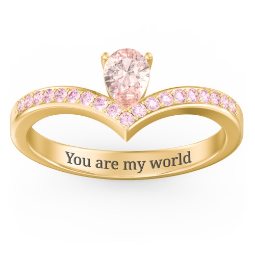 Pear Birthstone V-Shape Ring With Accents – 18K Gold Plated Silver with Morganite and Fancy Pink Premium Zirconia