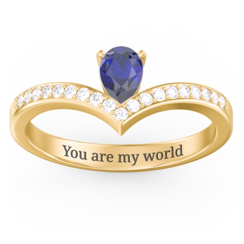 Pear Birthstone V-Shape Ring With Accents – 18K Gold Plated Silver with Blue Sapphire and White Premium Zirconia