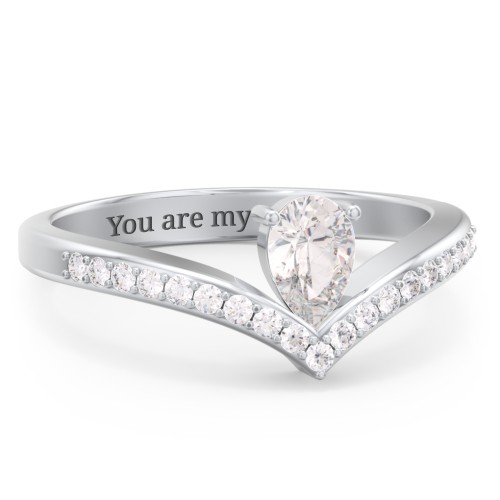 Pear Birthstone V-Shape Ring With Accents – Sterling Silver with Cubic Zirconia and White Premium Zirconia
