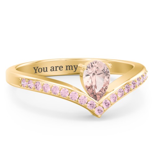 Pear Birthstone V-Shape Ring With Accents – 18K Gold Plated Silver with Morganite and Fancy Pink Premium Zirconia