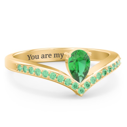 Pear Birthstone V-Shape Ring With Accents – 18K Gold Plated Silver with Emerald and Green Premium Zirconia