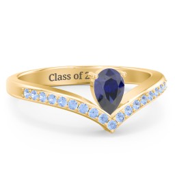 Pear Birthstone V-Shape Ring With Accents in 18K Gold Plated Silver with Blue Sapphire and Fancy Blue Premium Zirconia