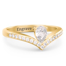 Pear Birthstone V-Shape Ring With Accents in 18K Gold Plated Silver with Cubic Zirconia and White Premium Zirconia