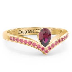 Pear Birthstone V-Shape Ring With Accents in 18K Gold Plated Silver with Ruby and Red Premium Zirconia