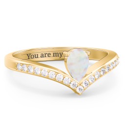 Pear Birthstone V-Shape Ring With Accents in 18K Gold Plated Silver with Opal and White Premium Zirconia