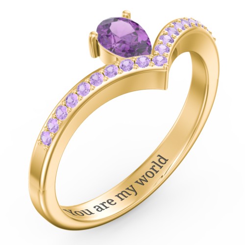 Pear Birthstone V-Shape Ring With Accents – 18K Gold Plated Silver with Amethyst and Amethyst Premium Zirconia