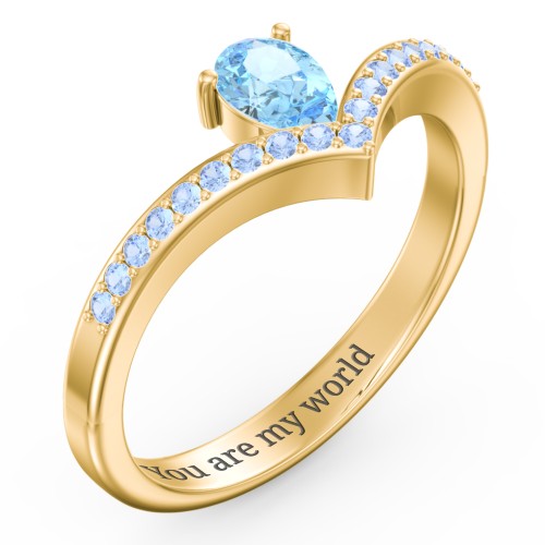 Pear Birthstone V-Shape Ring With Accents – 18K Gold Plated Silver with Blue Topaz and Fancy Blue Premium Zirconia
