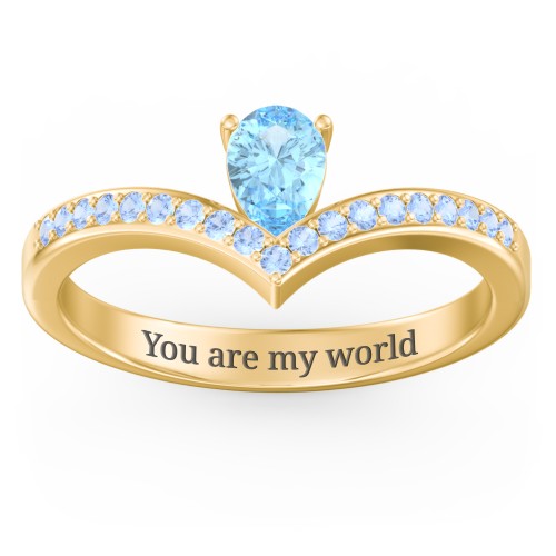 Pear Birthstone V-Shape Ring With Accents – 18K Gold Plated Silver with Blue Topaz and Fancy Blue Premium Zirconia