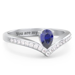 Pear Birthstone V-Shape Ring With Accents in 925 Sterling Silver with Blue Sapphire and White Premium Zirconia
